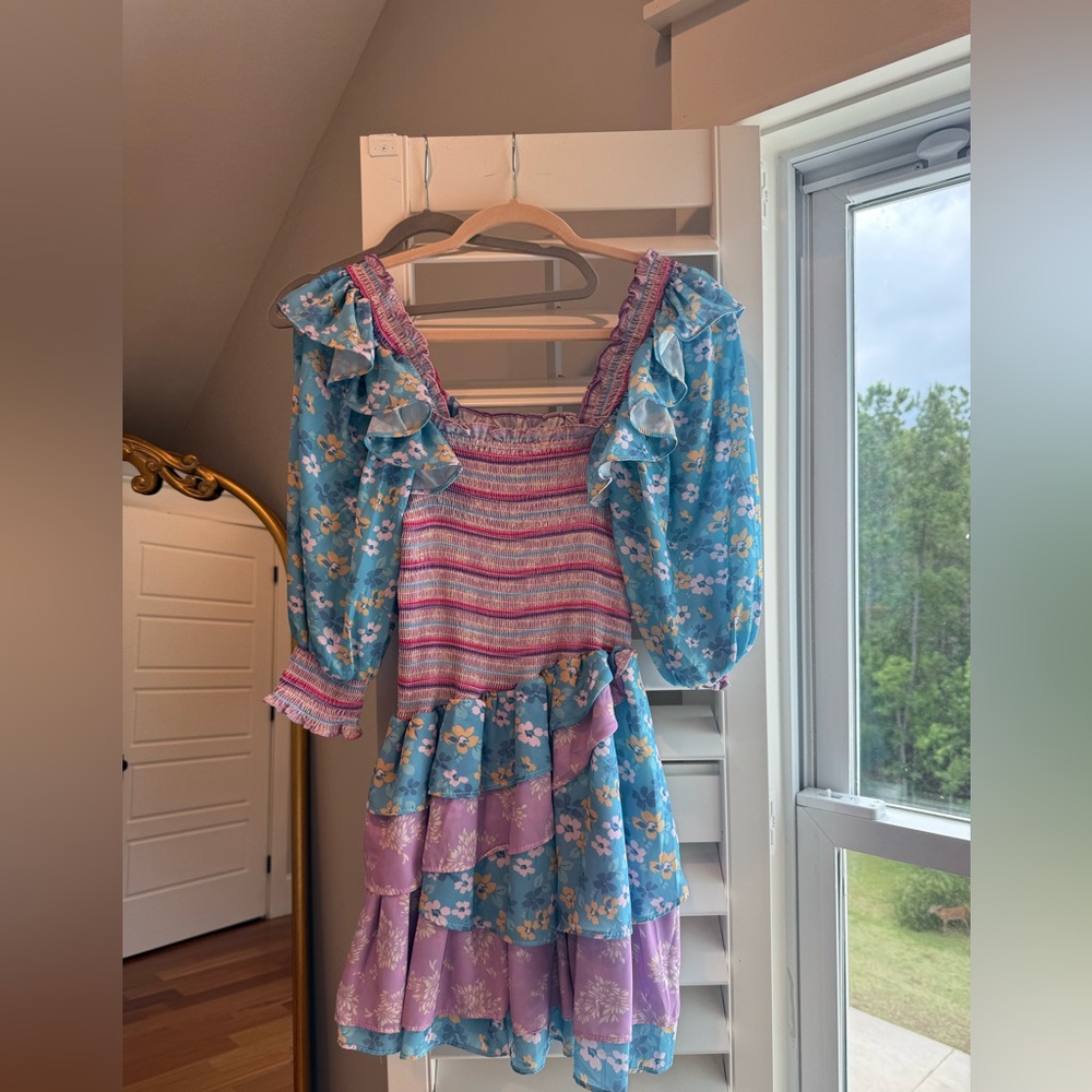 Pink and Blue Puff Sleeve Mini Sundress